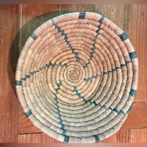 Handwoven Natural Fiber Basket with Turquoise Accents 12”